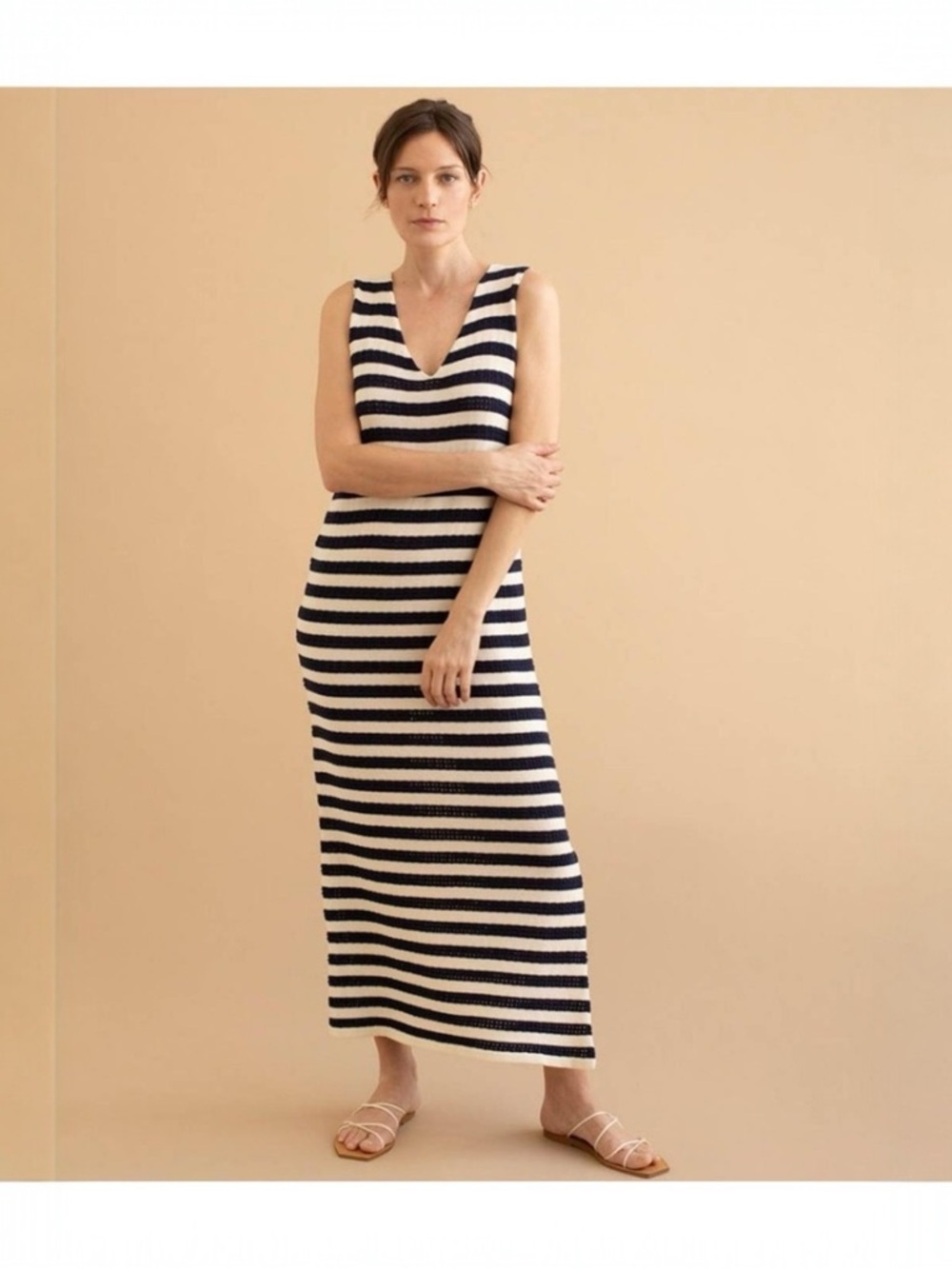 Mus & Bombon Palawan Maxi Dress Large Navy Cream Stripe Cotton Knit NWT